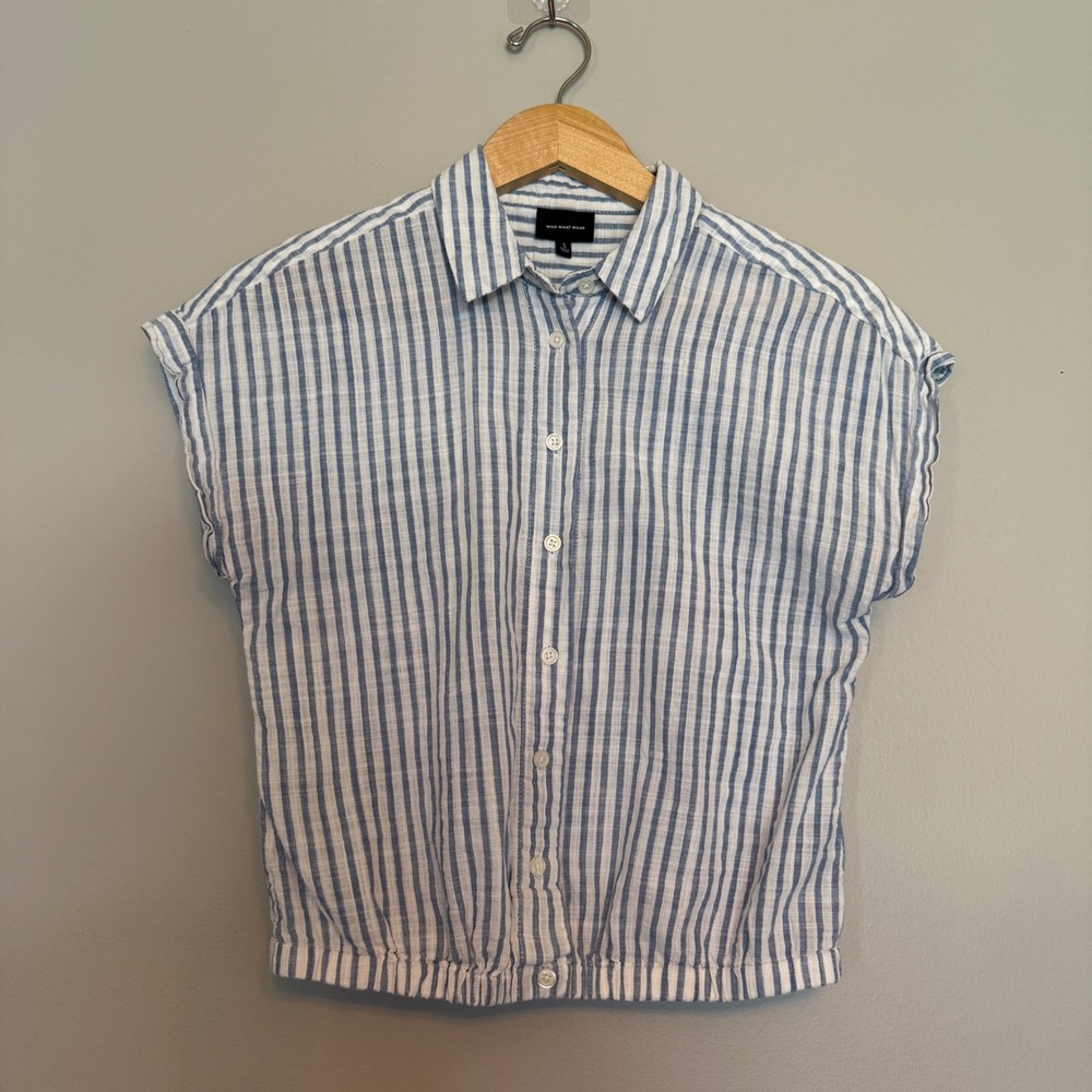 Who What Wear Womens Blue White Striped Cropped Cotton Button Down‎ Blouse S